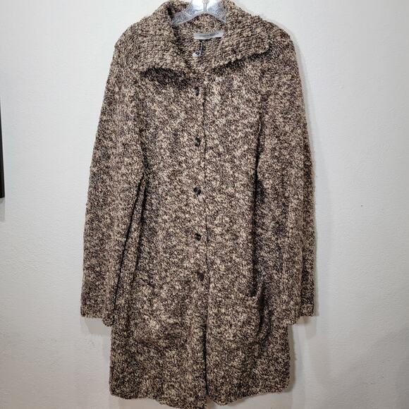 Marina Rinaldi Sweater L Wool Chunky Knit Long Brown Button Pocket Grandpa Italy - Picture 1 of 13